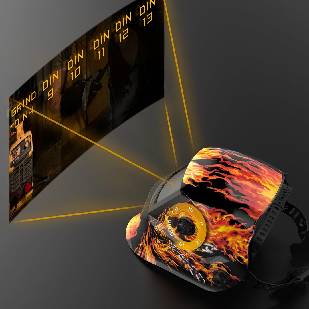 Welding Helmet Auto Darkening Solar Powered with Adjustable Shade 4/9-13 for TIG MIG ARC Flaming Skull Design Welder Mask