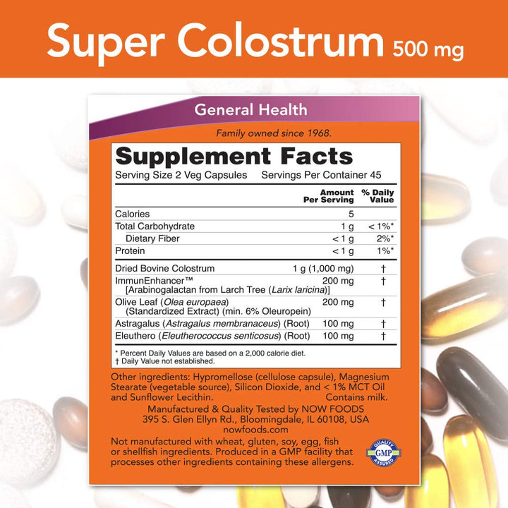Supplements, Super Colostrum 500 mg, Naturally occurring Immunoglobulins with ImmunEnhancer™, Olive Leaf Extract and Astragalus Root, 90 Veg Capsules