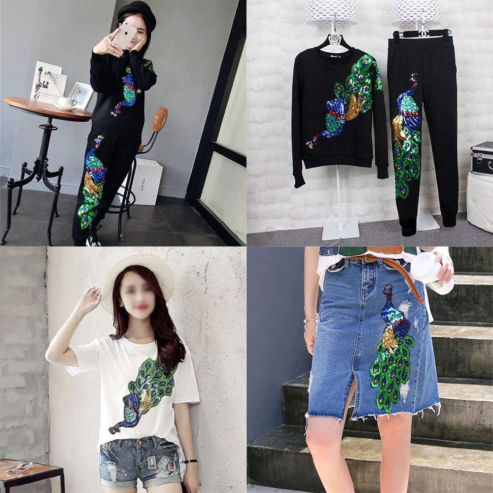 2 Pack Colorful Sequins Peacock Patch Iron On/Sew on Embroidered Applique Patch Craft Fashion Accessories for DIY Clothes
