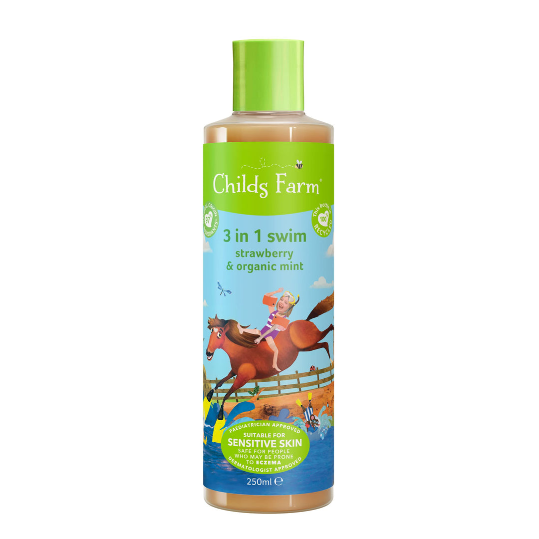 , Kids 3 in 1 Swim, Strawberry and Organic Mint 250 ml, Body Wash, Shampoo and Conditioner, Suitable for Dry, Sensitive and Eczema-Prone Skin