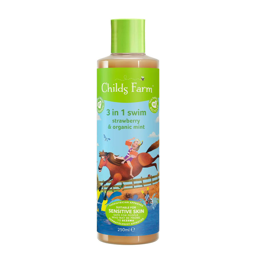 , Kids 3 in 1 Swim, Strawberry and Organic Mint 250 ml, Body Wash, Shampoo and Conditioner, Suitable for Dry, Sensitive and Eczema-Prone Skin