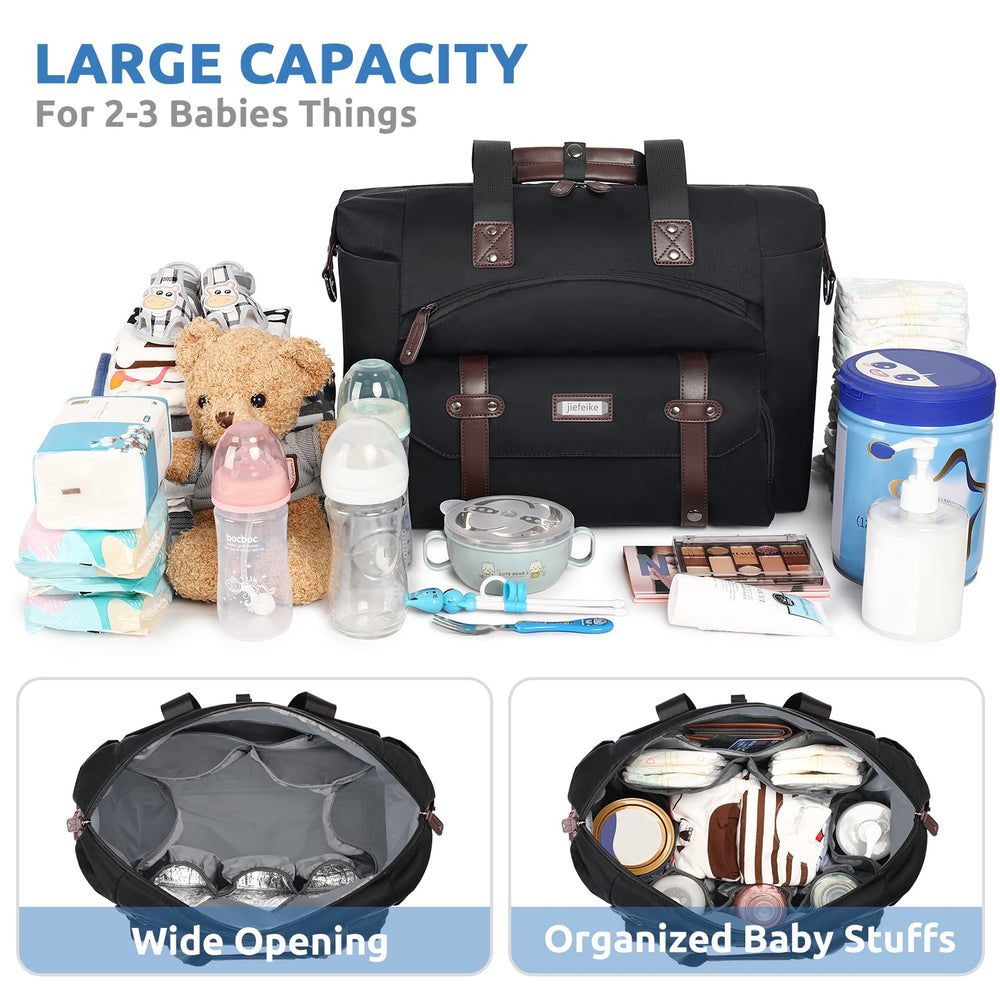 Diaper Bag Tote with Changing Pad,Black Baby Diaper Bag Tote for Boys Girls Dad Mom,Large Travel Diaper Bags with Anti-Theft Insulated Pocket for Overnight Weekend Hospital