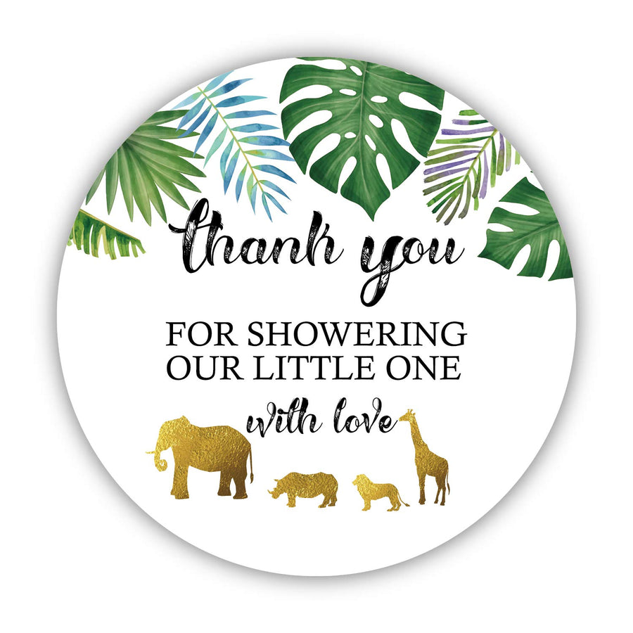50 Jungle Gold Baby Shower Stickers, Thank You for Showering Our Baby with Love Stickers, Baby Shower Favors for Boy or Girl, Baby Shower Favor Labels for Birthday Party, 2 Inches