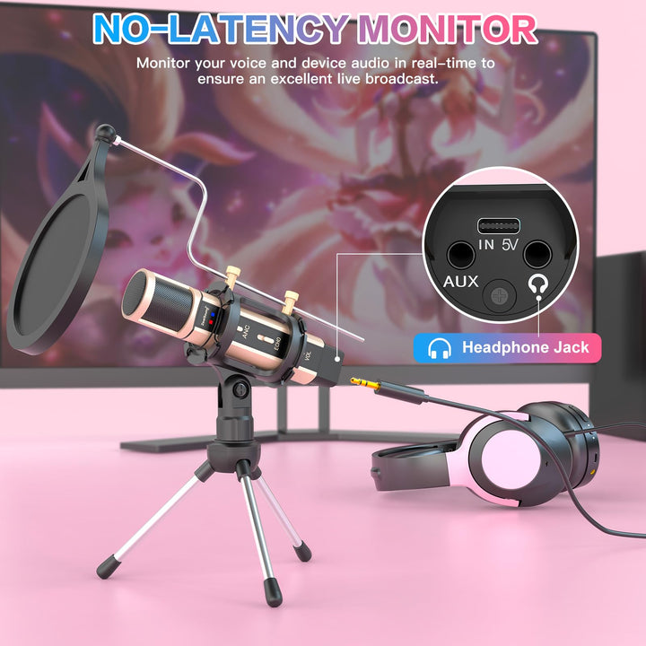 Studio Microphone, Condenser Recording & Broadcasting Microphone With Stand Built-in Sound Card Echo Recording Karaoke Singing for Phone PC Garageband Smule Live Stream & YouTube (Rose Gold)