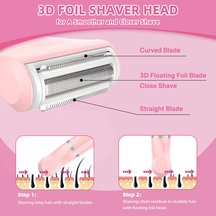 Electric Razors Shaver for Women, 3 in 1 Bikini Trimmer for Women, IPX7 Waterproof Pubic Hair Trimmer Women Wet & Dry Use, Rechargeable Hair Removal Kit for Face Body Leg Bikini Underarm Arm