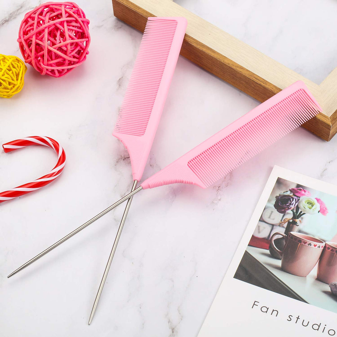2 Pieces Tail Combs Carbon Fiber Teasing Combs Rat Tail Lifting Combs Styling Combs for Hair Salon or Home Supplies (Pink)