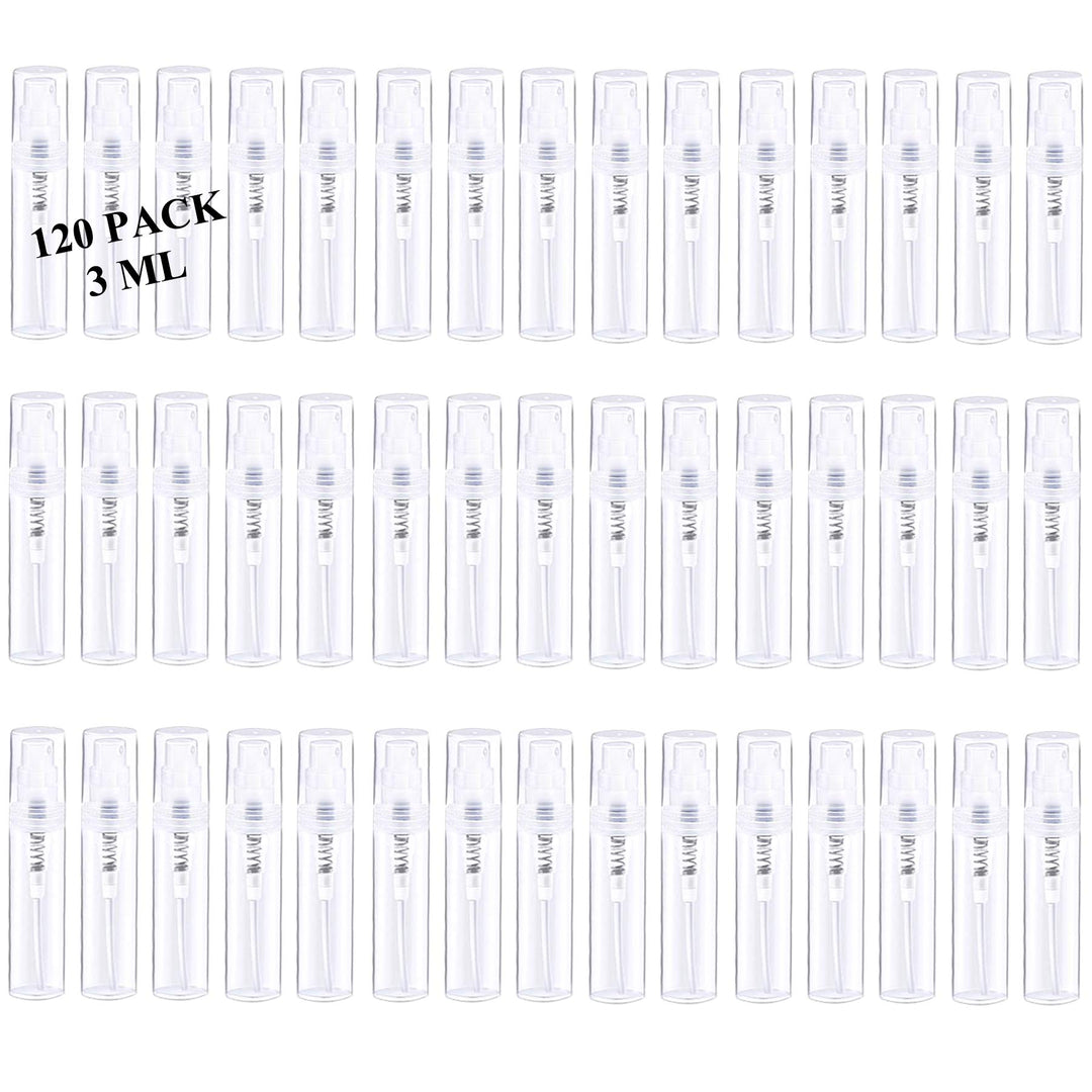 Mini Spray Bottle, Clear Plastic Empty Sample Containers, Fine Mist Perfume Travel Refillable Spray Bottle Perfume Atomizer Small Portable Bottle for Cleaning, Essential Oils 120Pcs 3ml