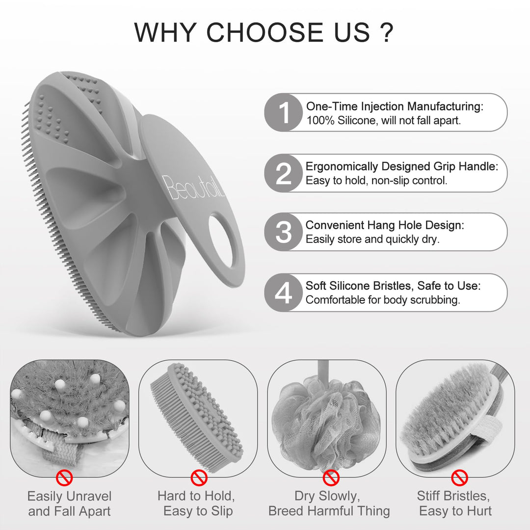 Silicone Body Scrubber Shower Bath Wash Brush Gentle Exfoliating Scrub Cleansing Loofah for Women Men Baby Sensitive Skin, Easy to Clean, Lather Nicely, More Hygienic, 1 Pack, Gray