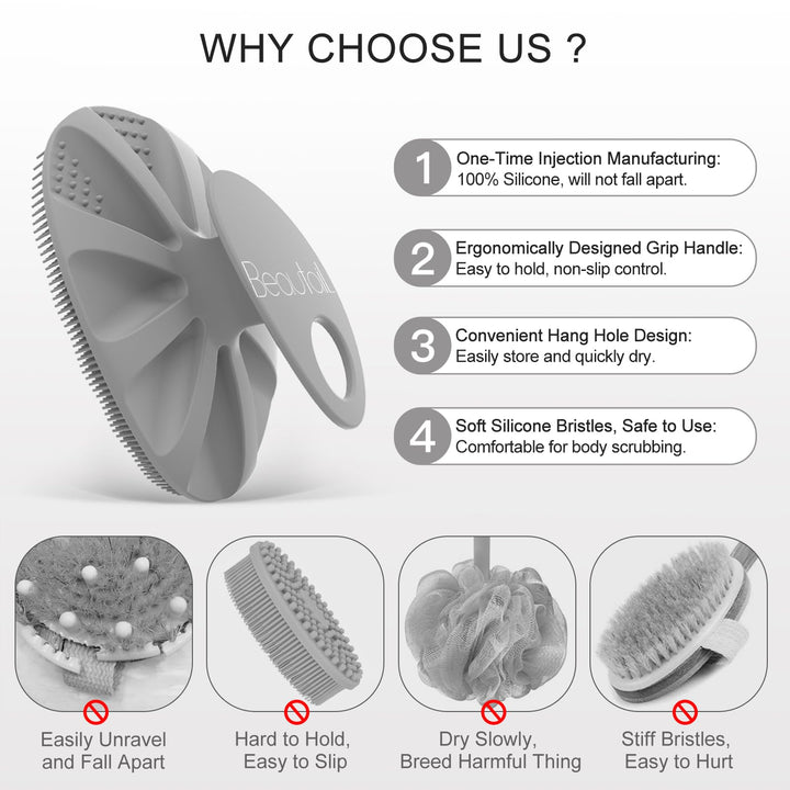 Silicone Body Scrubber Shower Bath Wash Brush Gentle Exfoliating Scrub Cleansing Loofah for Women Men Baby Sensitive Skin, Easy to Clean, Lather Nicely, More Hygienic, 1 Pack, Gray
