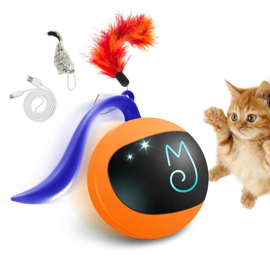 Interactive Cat Ball Toy Set, Fun Tracker, Automatic Rolling Chase Ball with Fluffy Tail, A Small Mice, Rechargeable(Orange)
