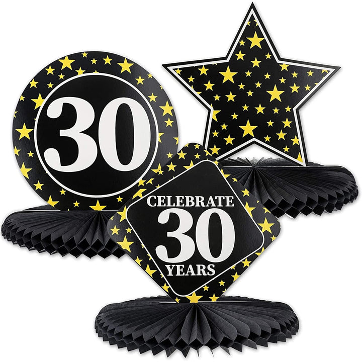 3-Pack 30th Birthday Honeycomb Table Centerpiece Party Decoration, 3 Star Designs