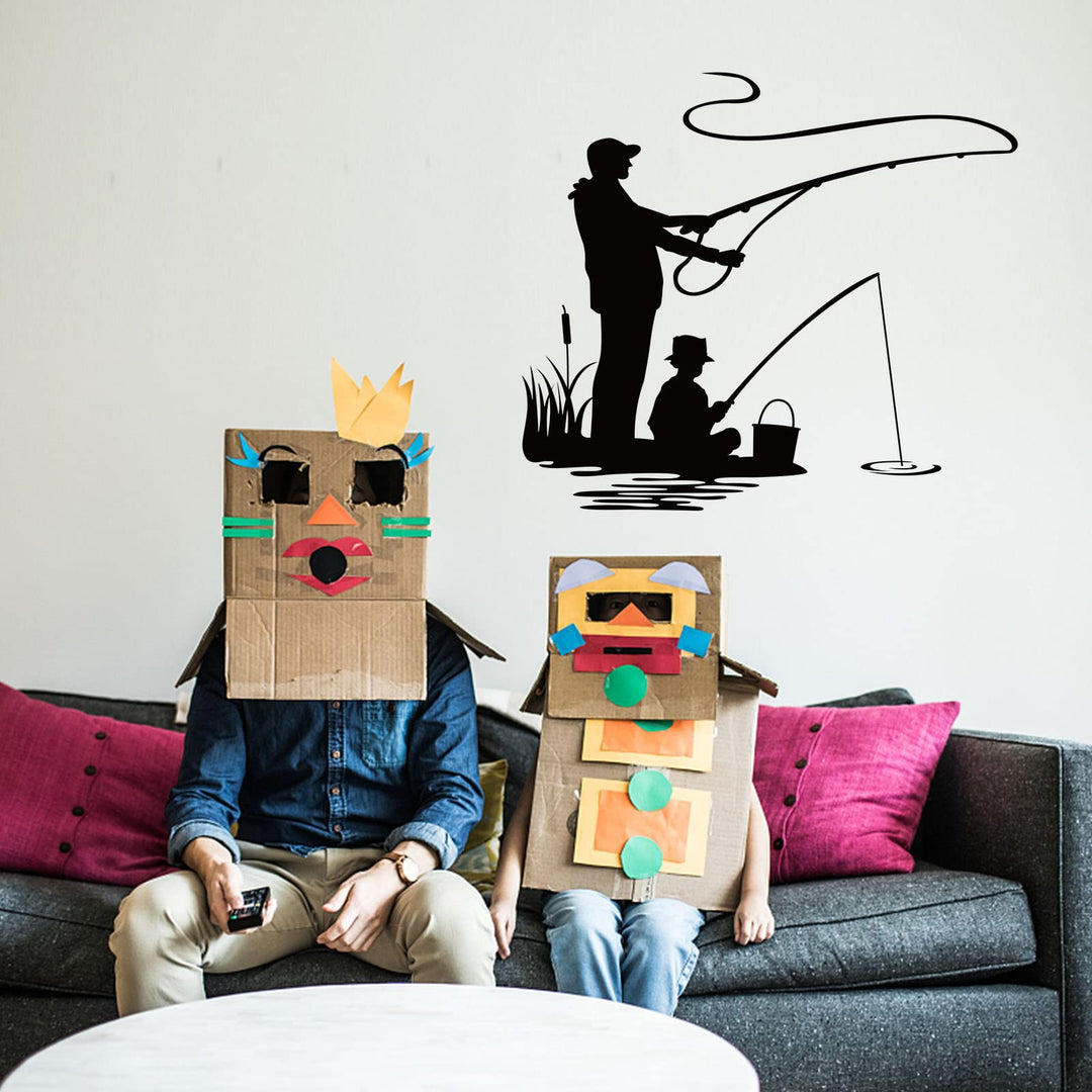 Fishing Theme Wall Sticker Family Dad and Son Fishing Relax Pattern Wall Sticker Silhouettes Wall Art Vinyl Decals for Home Decor Nursery Daycare Wall Decoration 15x21