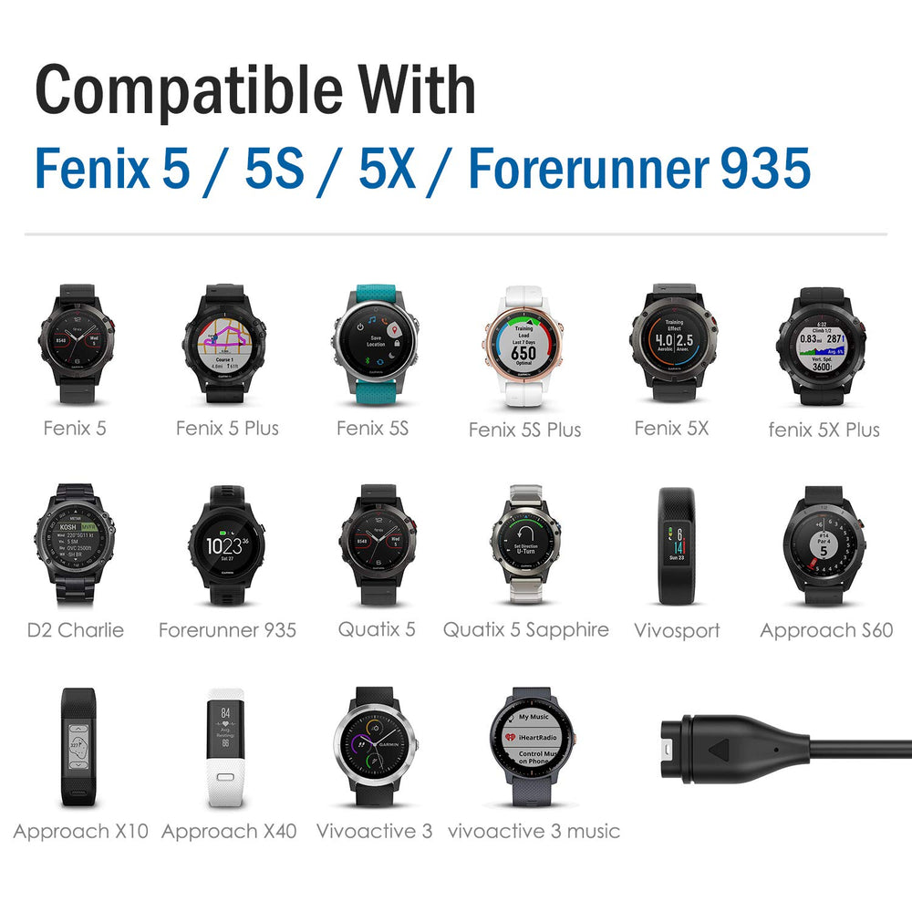 Charger Compatible with Garmin Fenix 7/7S/7X/6/6S/6X Pro/5/5S/5X Plus/Vivoactive 3/4/4S/Forerunner 45/245/745/945/Venu 2S/2 Plus/Instinct/EPIX Gen 2, USB Data Sync Charging Cable - Black