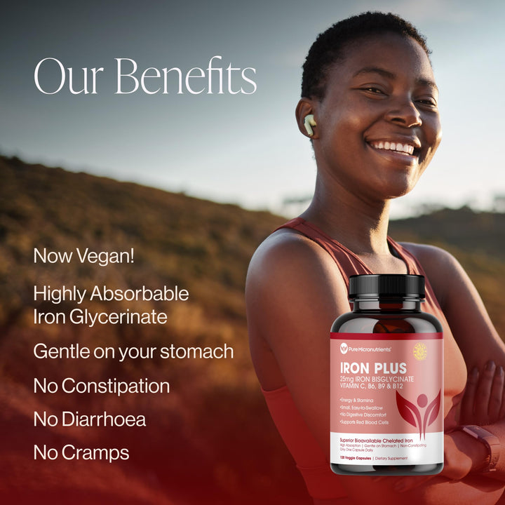 Iron Supplement for Women & Men, Natural Ferrous Chelate, Bisglycinate 25mg + Vitamin C, B6, B12, Folic Acid - IronPills for Iron Deficiency & Energy Support - 120 Count