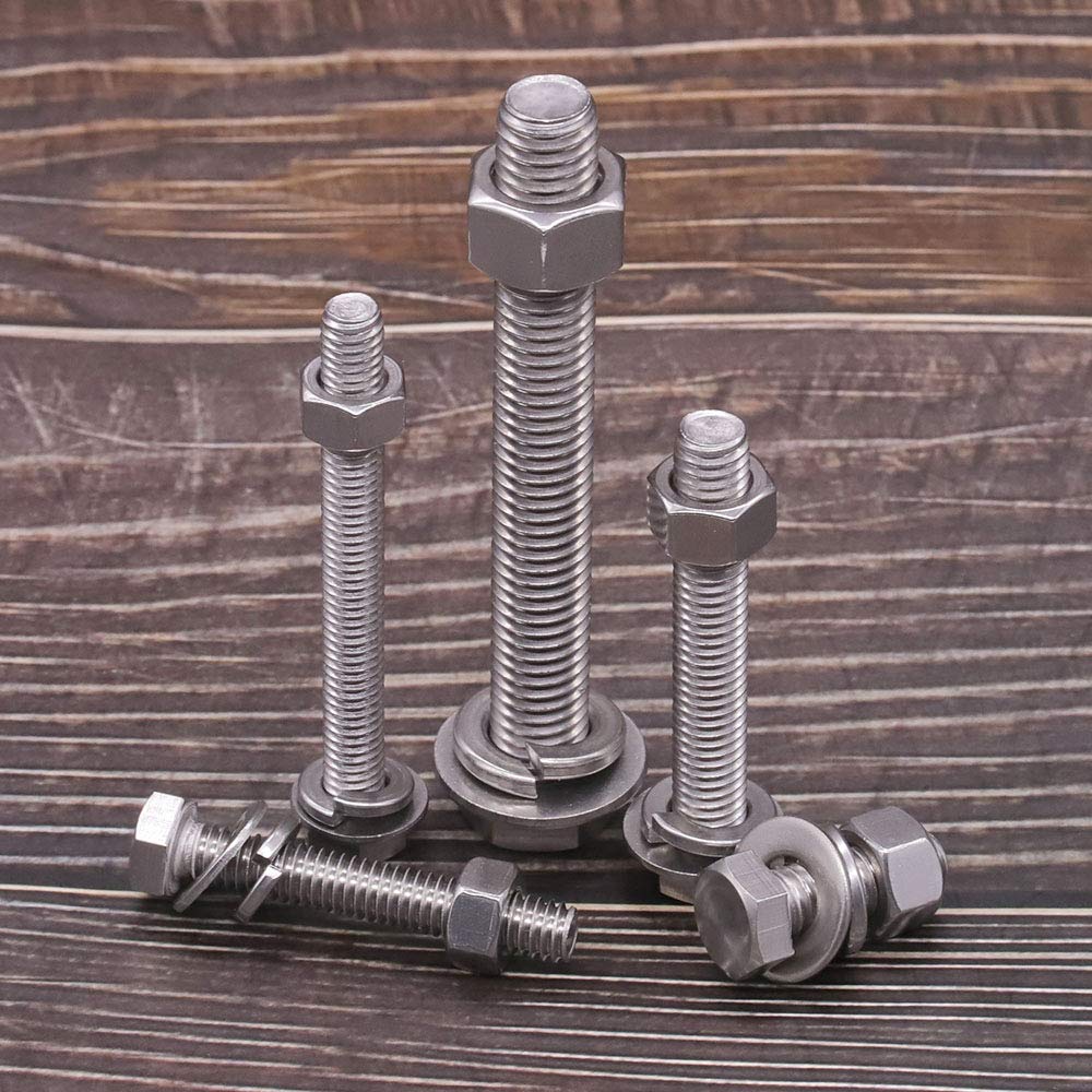 M6 x 12mm (10 Sets) Stainless Steel Hex Bolts with Hex Nuts, Flat Washers and Lock Washers, Hexagon Bolts with Nuts and Washers, Full Thread Coveraage, Coarse Thread UNC