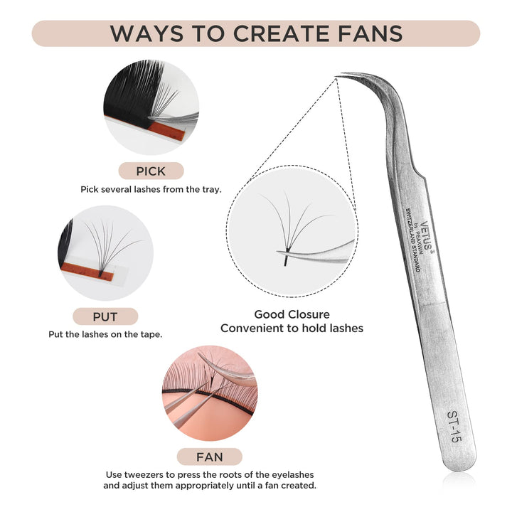 Eyelash Extension Tweezers, Professional Lash Tweezers for Make Fans Volume Lashes, Curved Tip Stainless Steel Tweezers ST-15