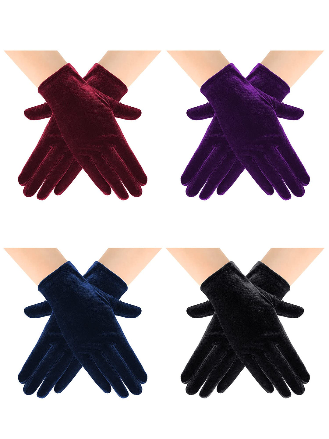 4 Pairs Women Short Velvet Gloves Winter Satin Gloves Warm Tea Party Wrist Glove for Christmas Party Dancing Costume(Black, Purple, Blue, Wine Red)