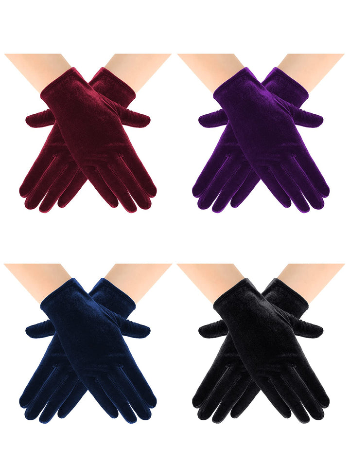 4 Pairs Women Short Velvet Gloves Winter Satin Gloves Warm Tea Party Wrist Glove for Christmas Party Dancing Costume(Black, Purple, Blue, Wine Red)