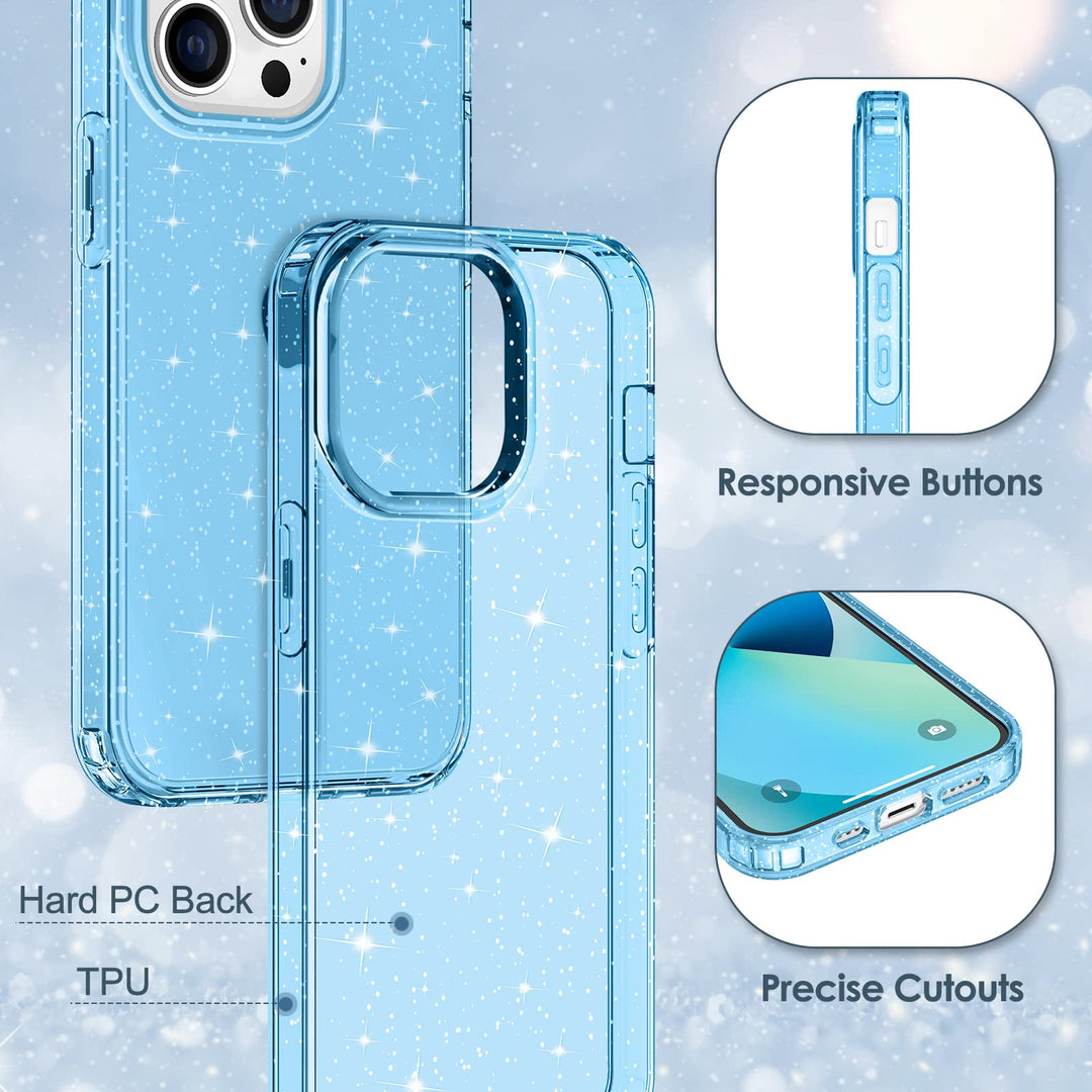 Case for iPhone 13 Pro Max Case Glitter, Cute Sparkly Clear Glitter Shiny Bling Sparkle Cover, Anti-Scratch Hard PC Slim Fit Shockproof Protective Phone Cases for Women Girls, Blue Glitter