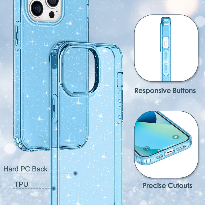 Case for iPhone 13 Pro Max Case Glitter, Cute Sparkly Clear Glitter Shiny Bling Sparkle Cover, Anti-Scratch Hard PC Slim Fit Shockproof Protective Phone Cases for Women Girls, Blue Glitter