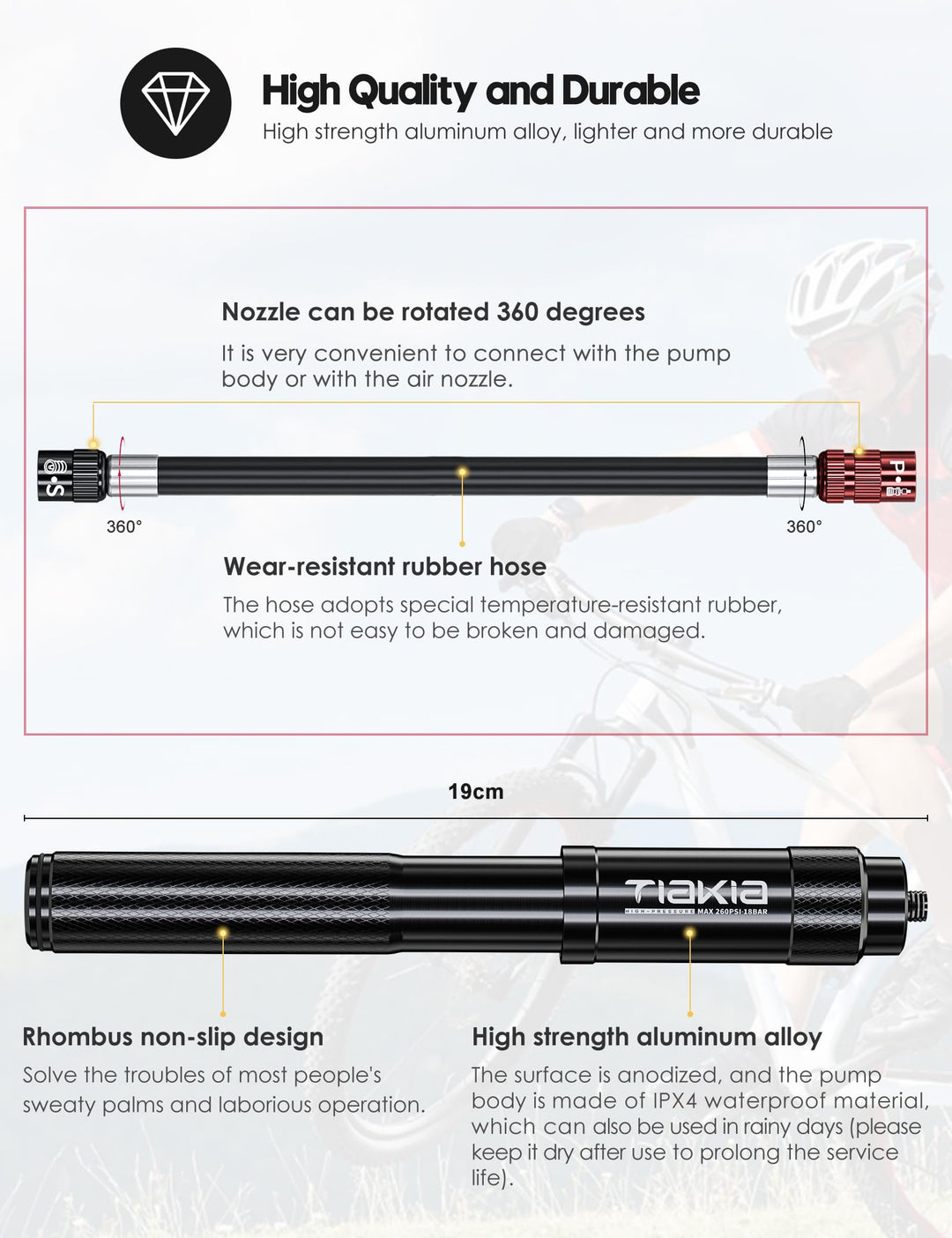 Mini Bike Pump,Portable Compact Bicycle Pump,High Pressure Frame Pump 260PSI- Air Hand Pump Fit Presta, Schrader & Woods Valves,Aluminum Alloy Durable Tire Pump for Road/Mountain/BMX Bikes