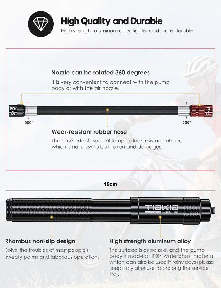 Mini Bike Pump,Portable Compact Bicycle Pump,High Pressure Frame Pump 260PSI- Air Hand Pump Fit Presta, Schrader & Woods Valves,Aluminum Alloy Durable Tire Pump for Road/Mountain/BMX Bikes
