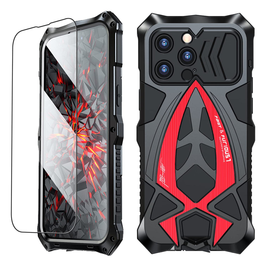 Armor Phone Case for iPhone 14 Pro Max Military Grade Cover 360 Full Protection Heavy Duty Hybrid Metal Bumper Built-in Silicone Shockproof with Screen Protector - Black + Red