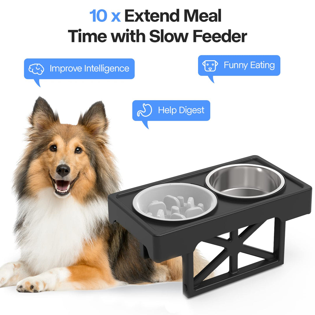 Elevated Dog Bowls, 3 Height Adjustable Raised Dog Bowl Stand with 2 Stainless Steel 44oz Food Water Bowl & Slow Feeder, Non-Slip Dog Dish Adjusts to 2.5'' 7.5'' and 11.6'' for Small Medium Large Dogs