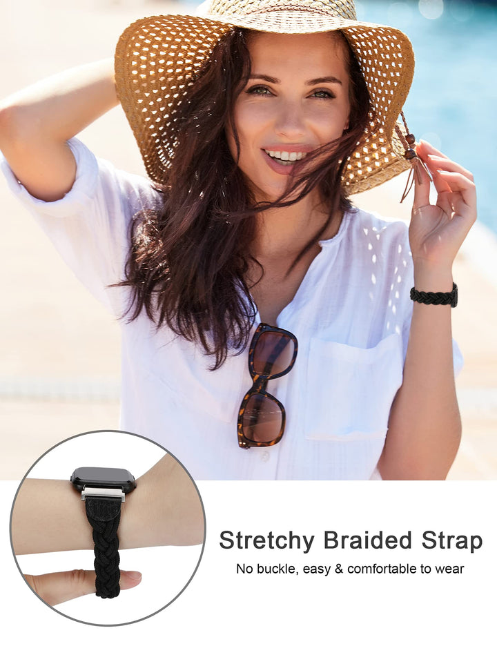 Compatible with Fitbit Versa 2/Versa/Versa Lite Bands for Women, Cute Elastic Braided Wristband Strap Stretchy Loop Bracelet Accessories for Fitbit Versa 2 Smart Watch (Black, S)