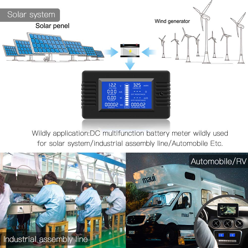 DC Multifunction Battery Monitor Meter,0-200V,0-300A (Widely Applied to 12V/24V/48V RV/Car Battery) LCD Display Digital Current Voltage Solar Power Meter Multimeter Ammeter Voltmeter