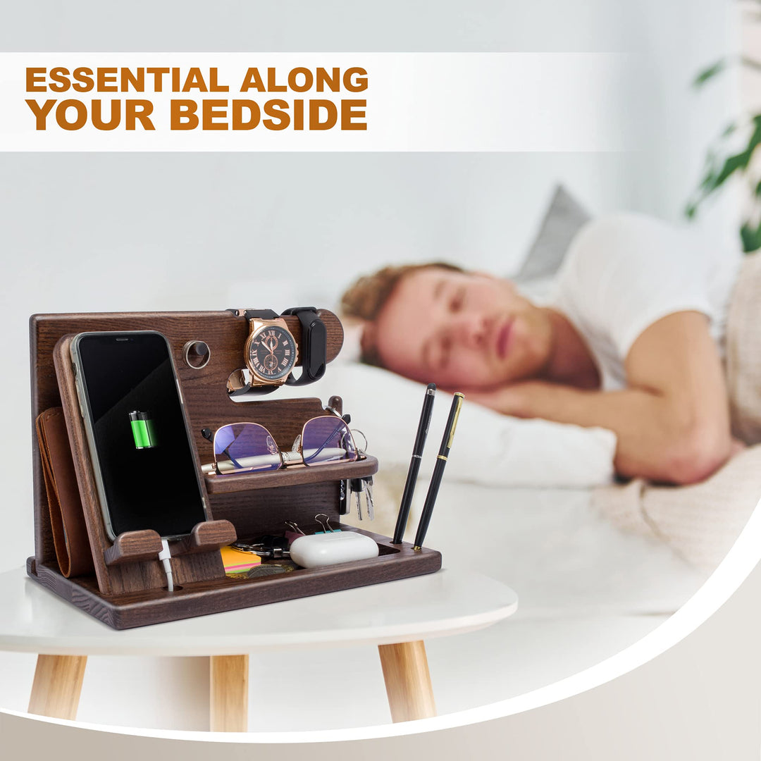 Wood Phone Docking Station for men - Desk Accessories & Workspace Organizer - Nightstand organizer - Birthday gifts for Men or Dad - Idea for Anniversary - Key Holder - Stand Watch (Brown)
