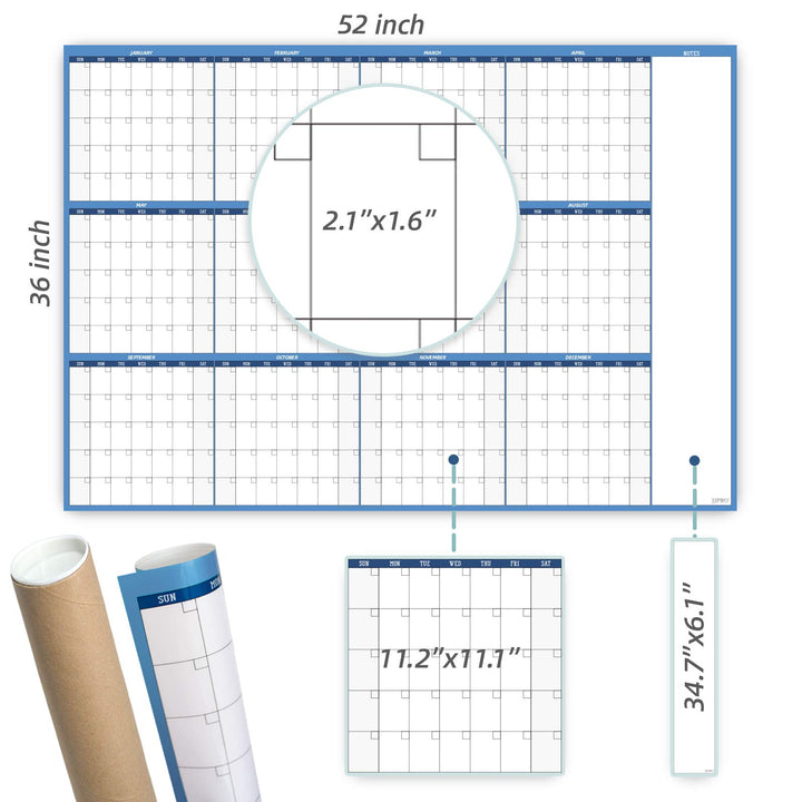Large Dry Erase Wall Calendar - 52x36 - Blank Undated Yearly Calendar - Whiteboard Premium Laminated Planner - Reusable Laminated Office Jumbo 12 Months Calendar