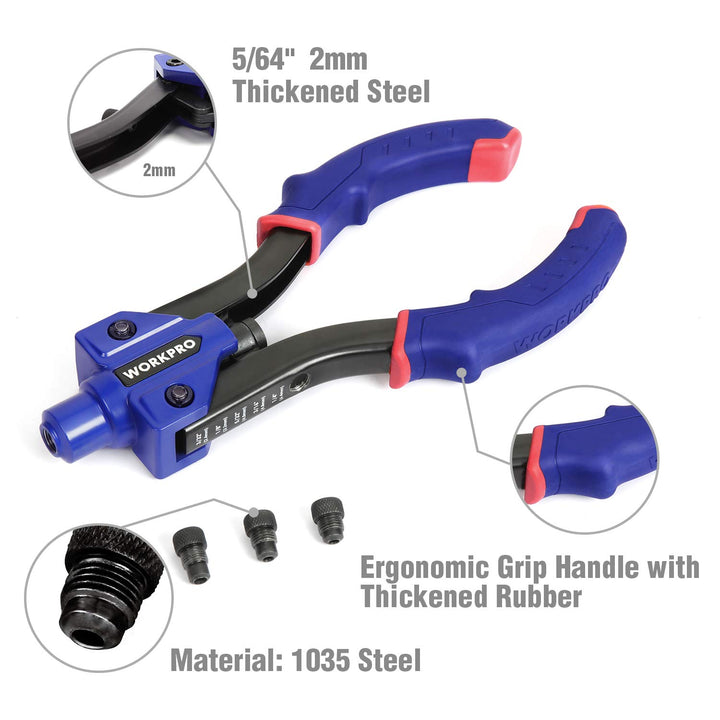 10-Inch Pop Rivet Gun, Heavy Duty Riveter with 3 Interchangeable Heads (3 Nosepieces) and 100pcs Rivets, 5-in-1 Hand Riveter Set for Metal, Plastic, Repairing Truck Bed, Fixing Highway Sign