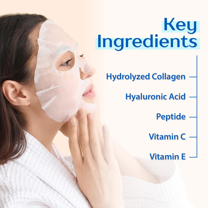 10 Pack Collagen Face Mask, Instant Brightening & Hydrating Face Sheet Mask with Aloe Vera, Hyaluronic Acid, Vitamin C and E, Chamomile, Anti Aging Face Mask with Hydrolyzed Collagen, Peptide