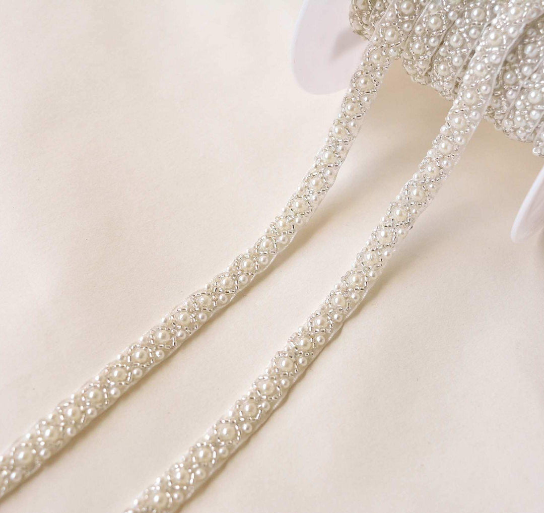 2 Yards Pearl Beaded Trim Bridal Lace Ribbon Trimming Edge Tape for Craft Sewing Wedding Dress Fabric DIY Decoration 1cm (#3)