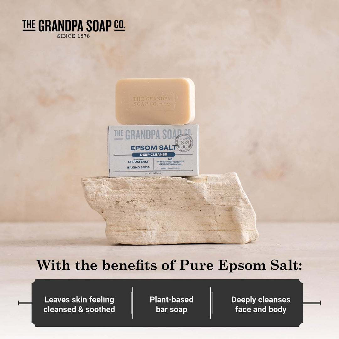 The Grandpa Soap Company Epsom Salt Bar Soap - Deep Cleansing Soap, Made with Epsom Salt and Baking Soda, Removes Dirt Grease and Grime, Vegan, for Face and Body, 4.25 Oz, 4 Pack