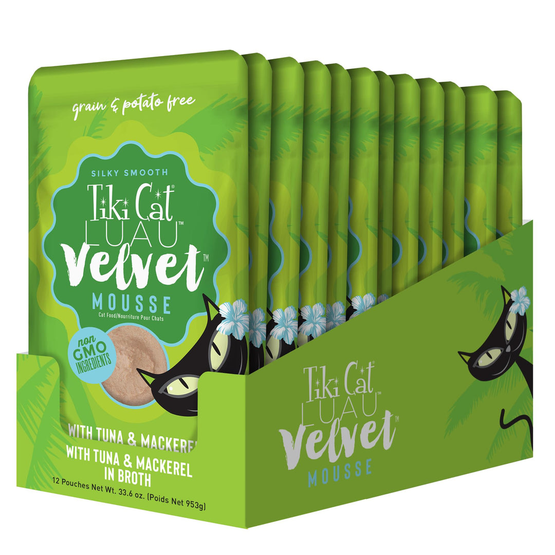 Tiki Cat Luau Velvet Mousse, Tuna & Mackerel in Broth, Complete Nutrition for Balanced Diet, Wet Cat Food For All Life Stages, 2.8 oz. Pouch (12 Count)