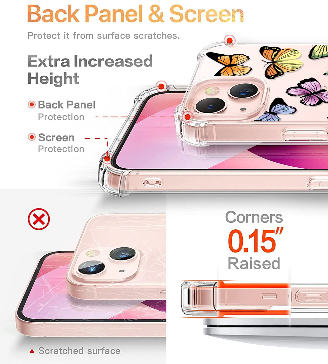 RoseParrot case for iPhone 13 with Screen Protector + Ring Holder, Clear with Floral Pattern Design, Soft&Flexible Bumper Shockproof Protective Cover (Fireflies)