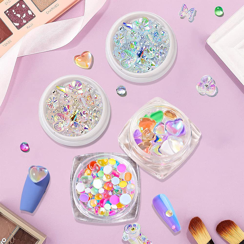 Crystal Glass Mermaid Rhinestones 3D Butterfly Flower Nail Charms Love Heart Crystal Mixed Gems Nail Rhinestones for Nail Art Decoration & DIY Crafting Design (4 boxes)