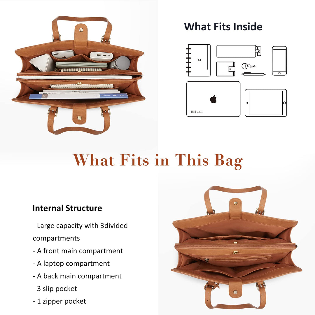 Laptop Bag For Women 15.6 Inch Work Tote Bags PU Leather Computer Purse For Business Office With 3 Layer Compartments