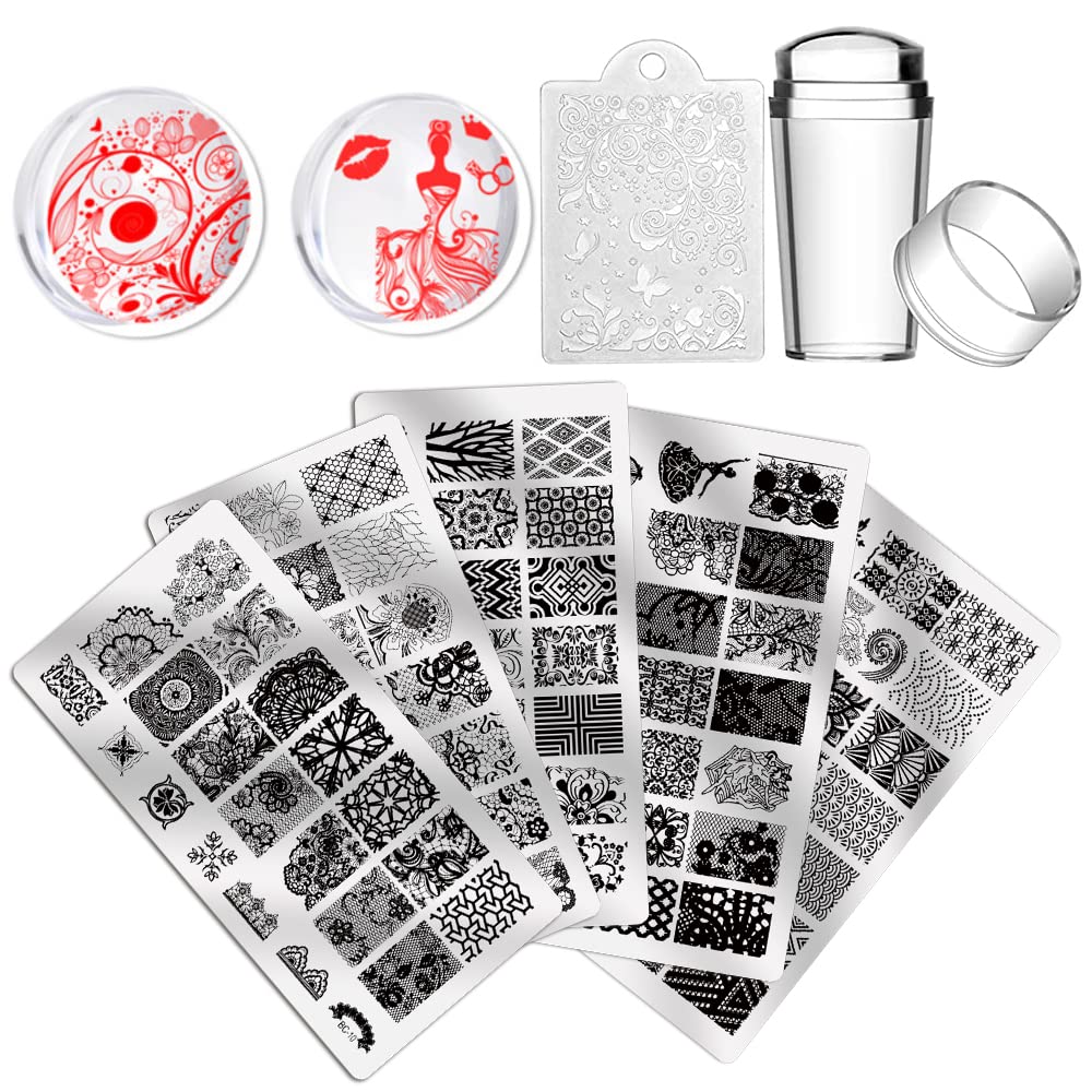 5pcs Nail Stamping Plates + 1 Stamper + 1 Scraper Lace Flower Animal Pattern Nail Art Stamp Stamping Template Image Plate Nail Art Stamper Scraper Nails Tool