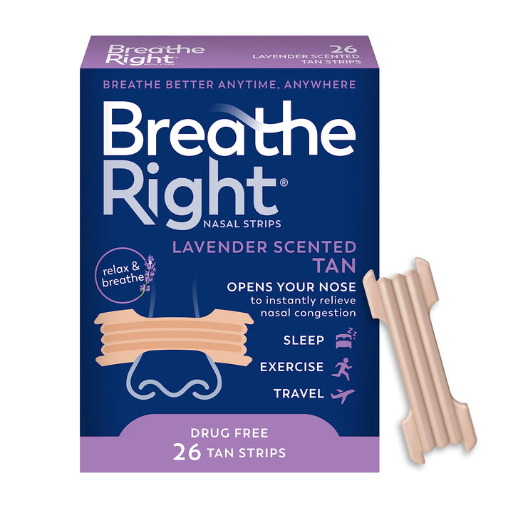 Nasal Strips Lavender Scent Extra Strength Tan Nasal Strips Help Stop Snoring Drug-Free Snoring Solution & Nasal Congestion Relief Caused By Colds & Allergies 26ct (packaging may vary)