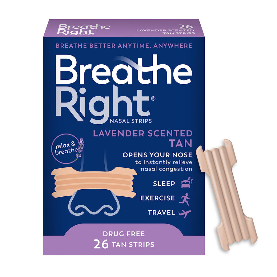 Nasal Strips Lavender Scent Extra Strength Tan Nasal Strips Help Stop Snoring Drug-Free Snoring Solution & Nasal Congestion Relief Caused By Colds & Allergies 26ct (packaging may vary)