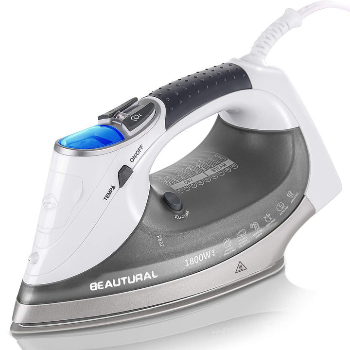 1800-Watt Steam Iron with Digital LCD Screen, Double-Layer and Ceramic Coated Soleplate, 3-Way Auto-Off, 9 Preset Temperature and Steam Settings for Variable Fabric Gray