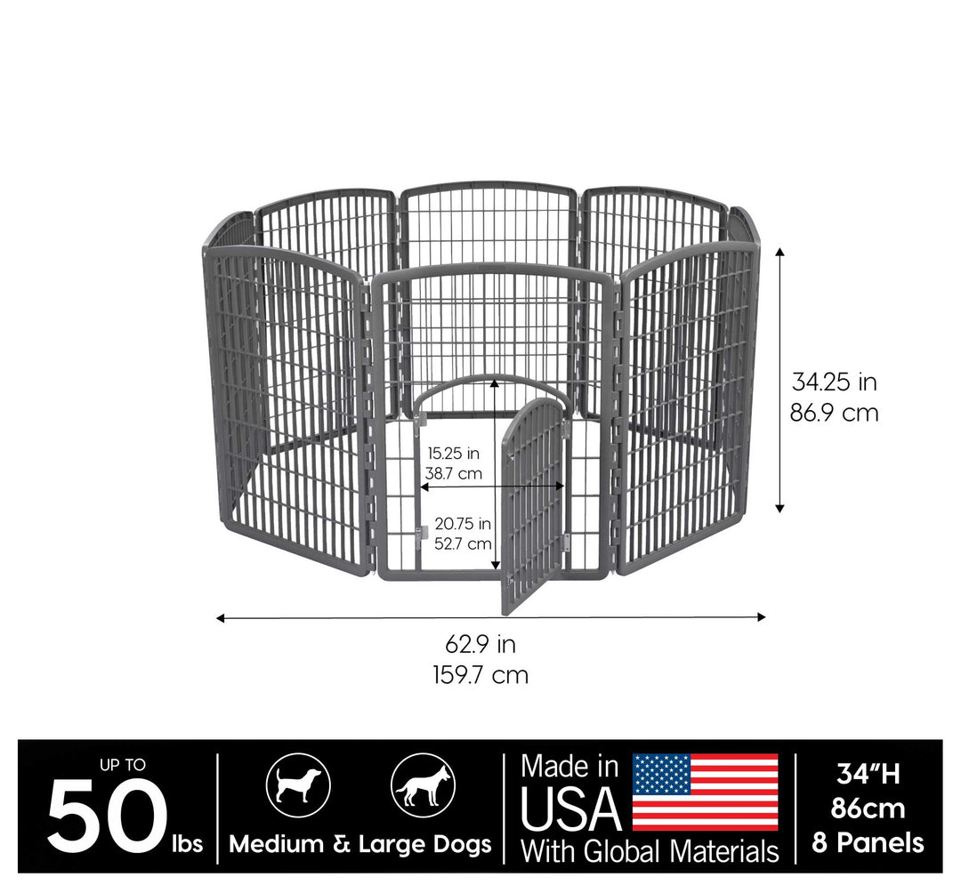 USA Dog Playpen, 8-Panel 34 Pet Playpen with Door, Puppy Playpen, Indoor/Outdoor Dog Pen, 63 x 63 x 34, Foldable, Customizable, Dark Gray