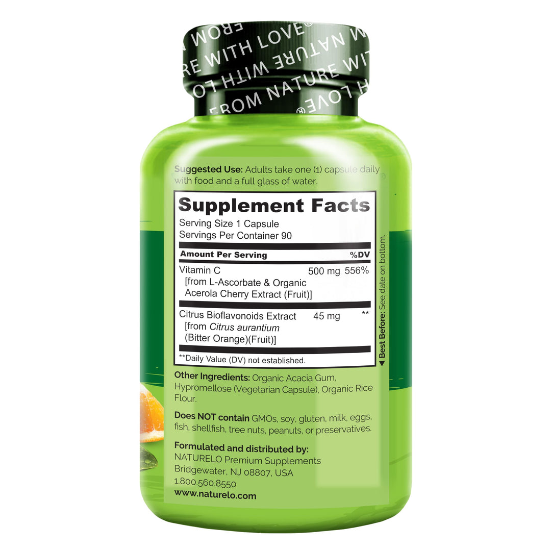 Vitamin C with Organic Acerola Cherry Extract and Citrus Bioflavonoids - Vegan Supplement - Immune Support - 500 mg VIT C per Cap - Non-GMO - 90 Capsules