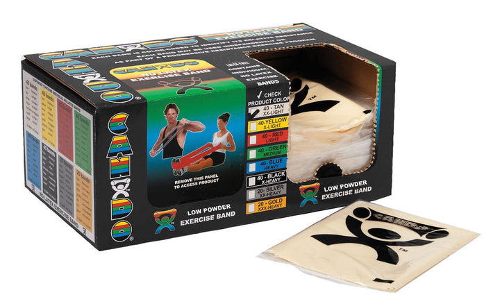 Singles Low Powder Exercise Band, 4-foot singles, Tan: XX-Light (40 count)