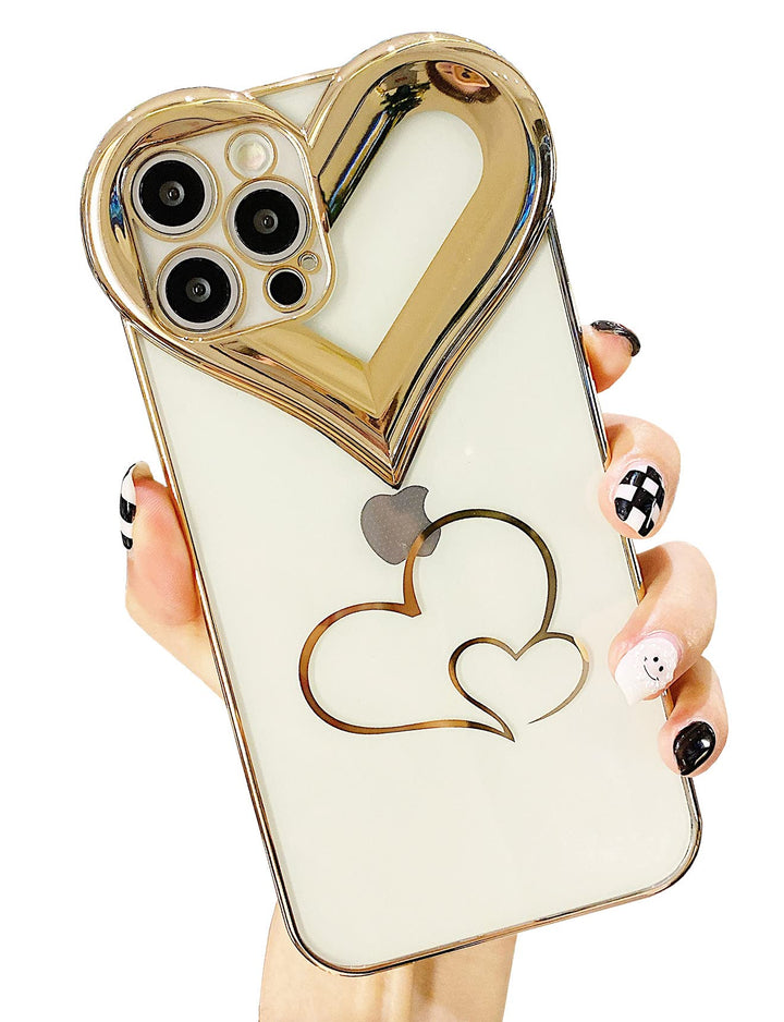 Compatible with Phone 13 Pro Max Cute Case, Plating 3D Love Heart Luxury Case for Women Camera Protective Soft TPU Girly Case Cover Design for Phone 13 Pro Max- 6.7 inch (Clear)