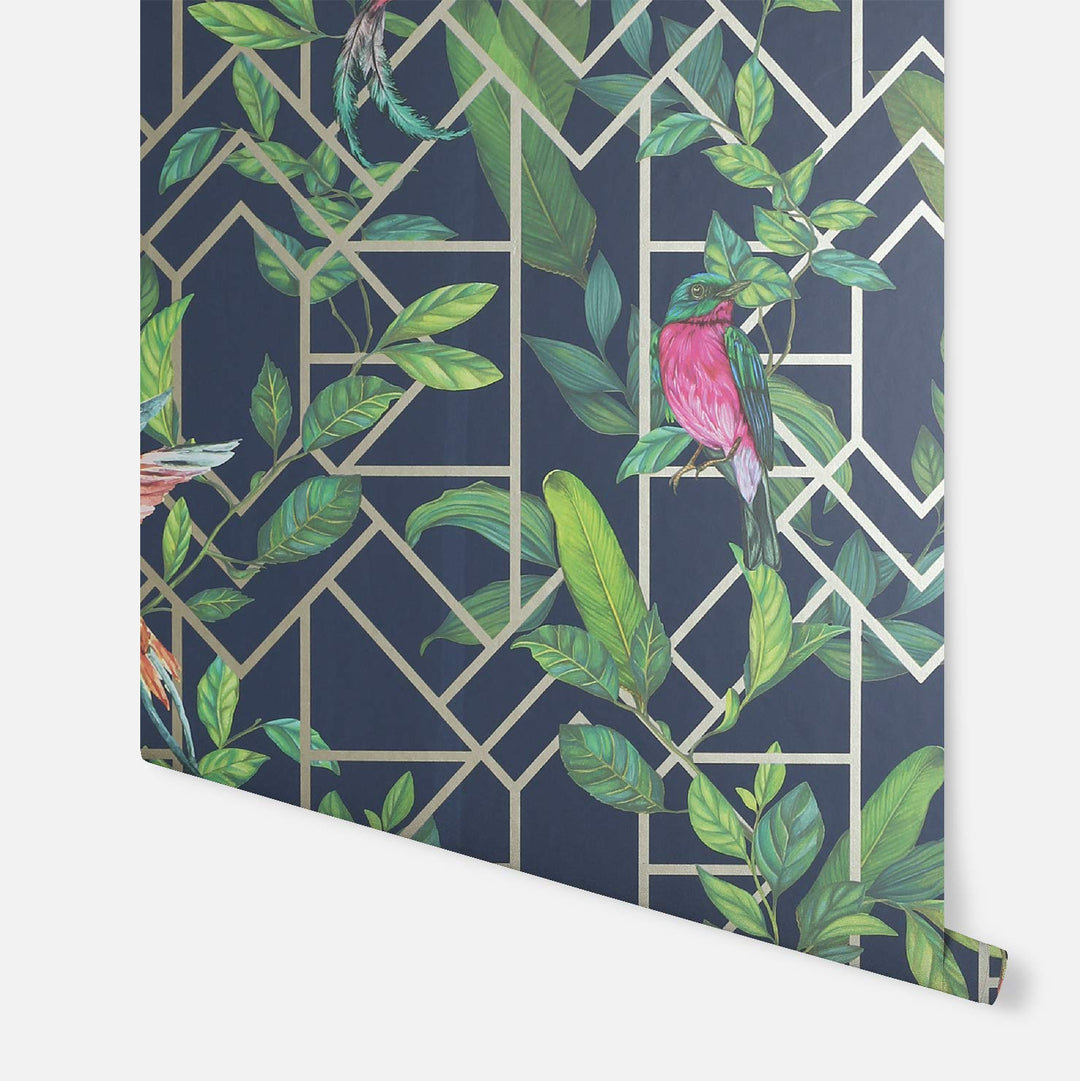 Deco Tropical Navy/Gold Wallpaper