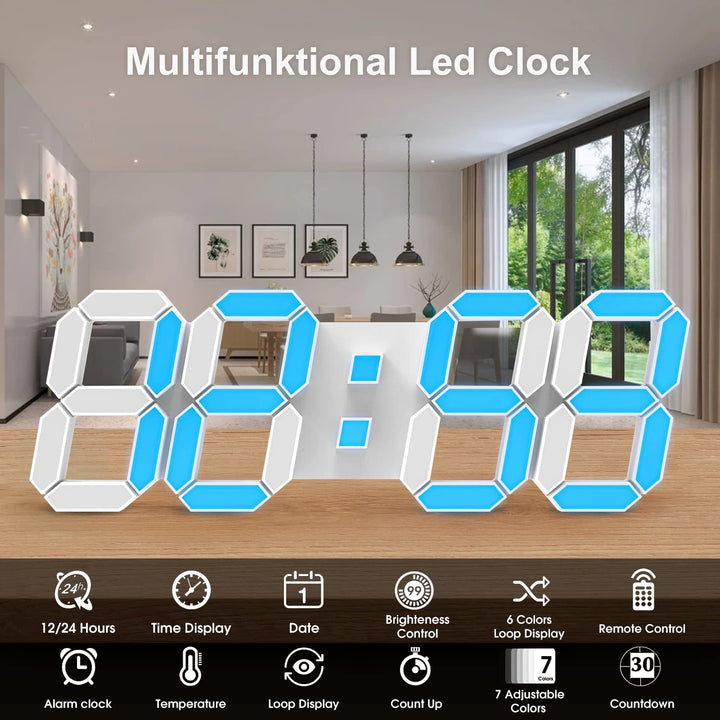 EPSKY 3D White Digital Wall Clock and Adjustable Brightness 12/24 Hours Display and Date Display for Kitchen Homes Offices Gyms (15.inch)